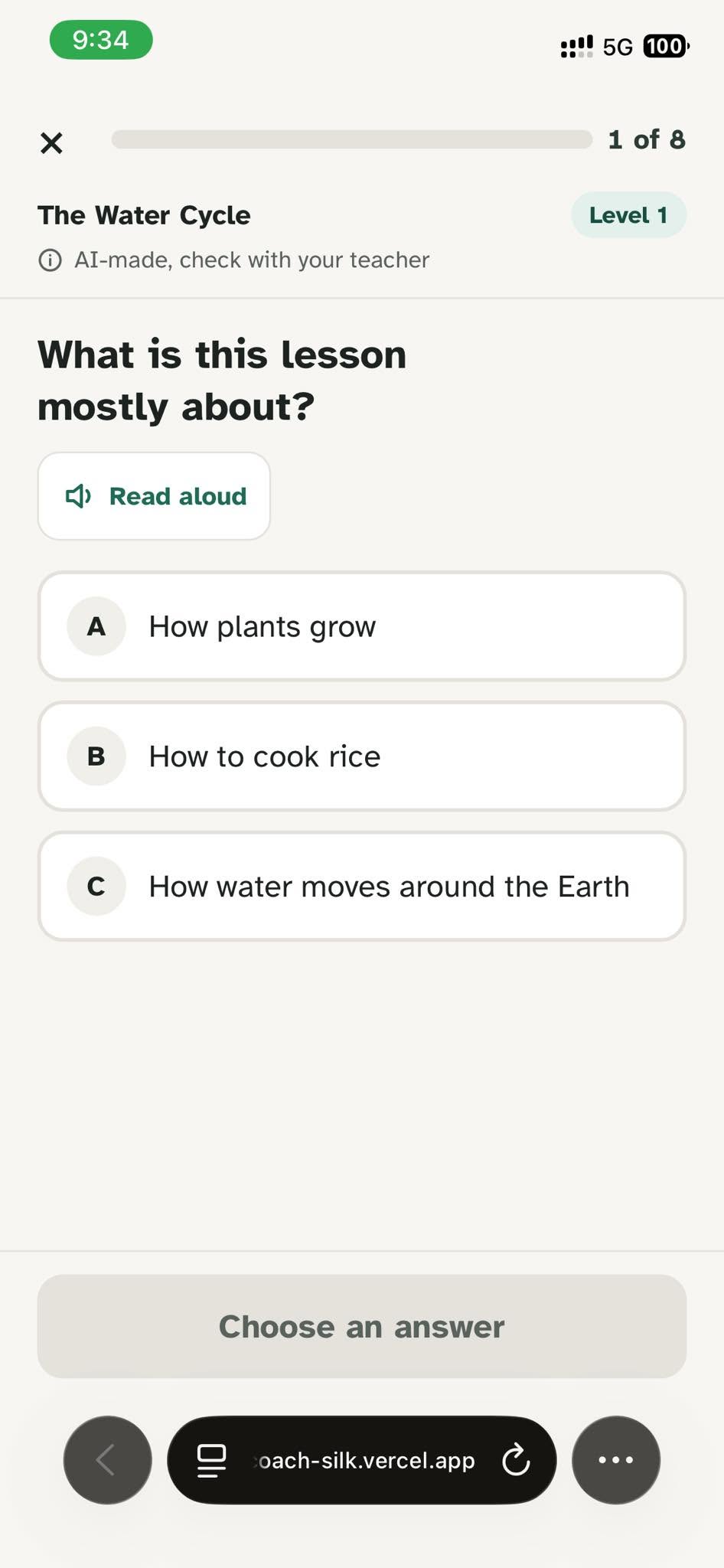 KodiGo’s multiple-choice question about the Water Cycle lesson.