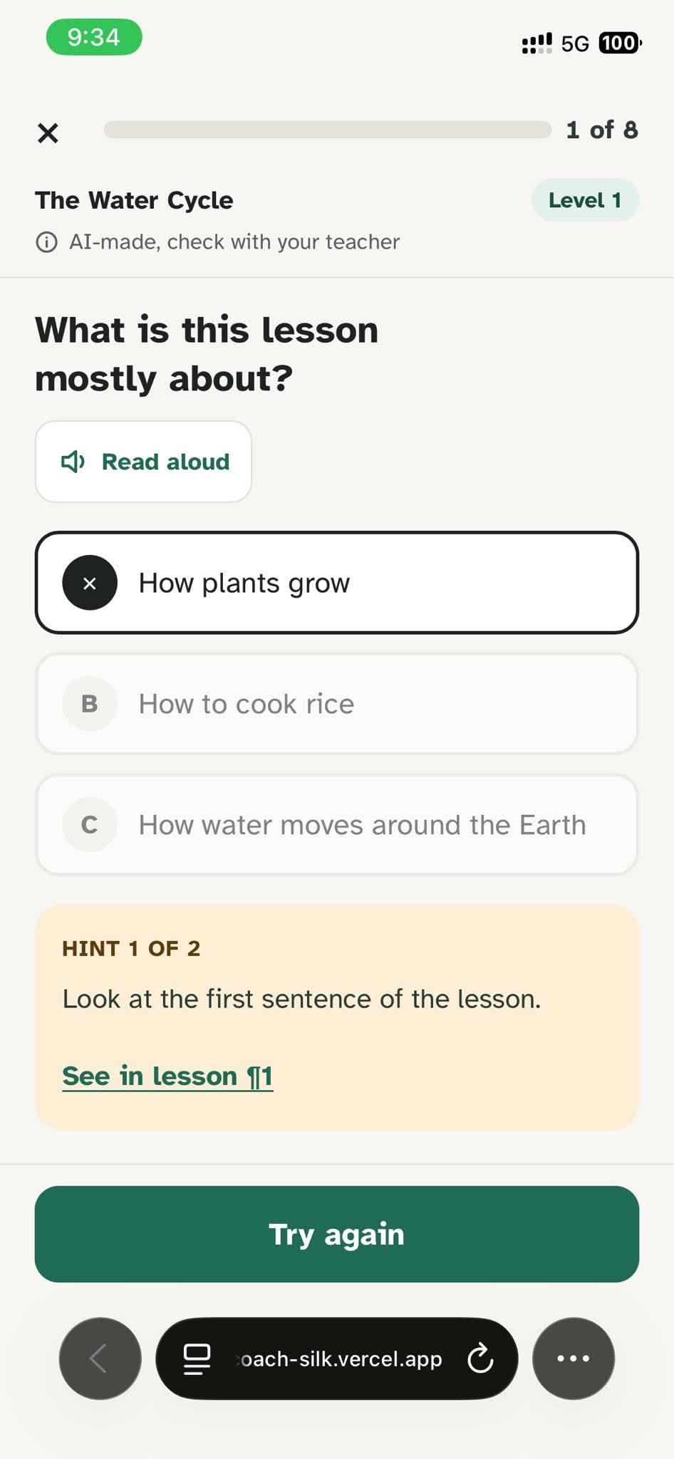 A wrong answer gets a hint pointing to the first sentence of the lesson.