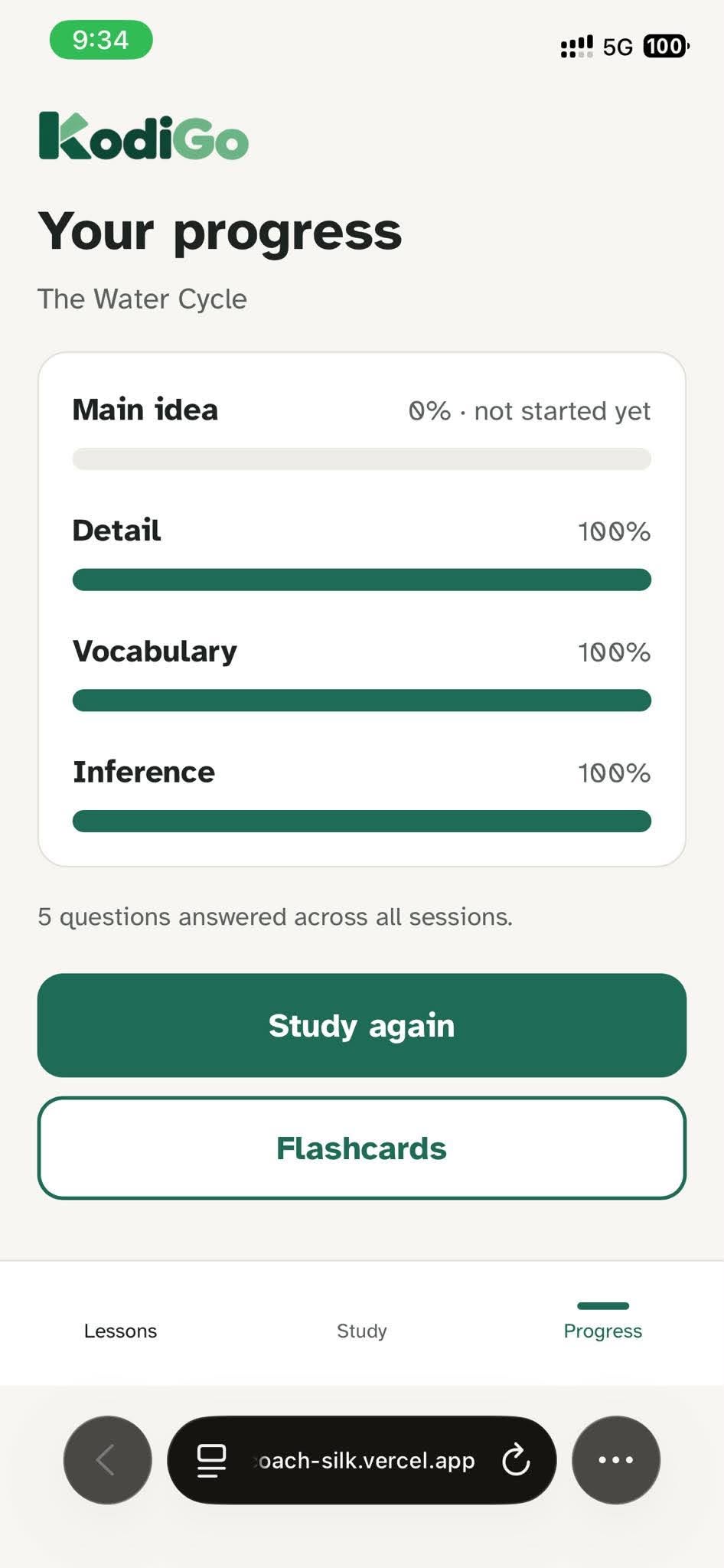 Mastery bars show progress in main idea, detail, vocabulary and inference.